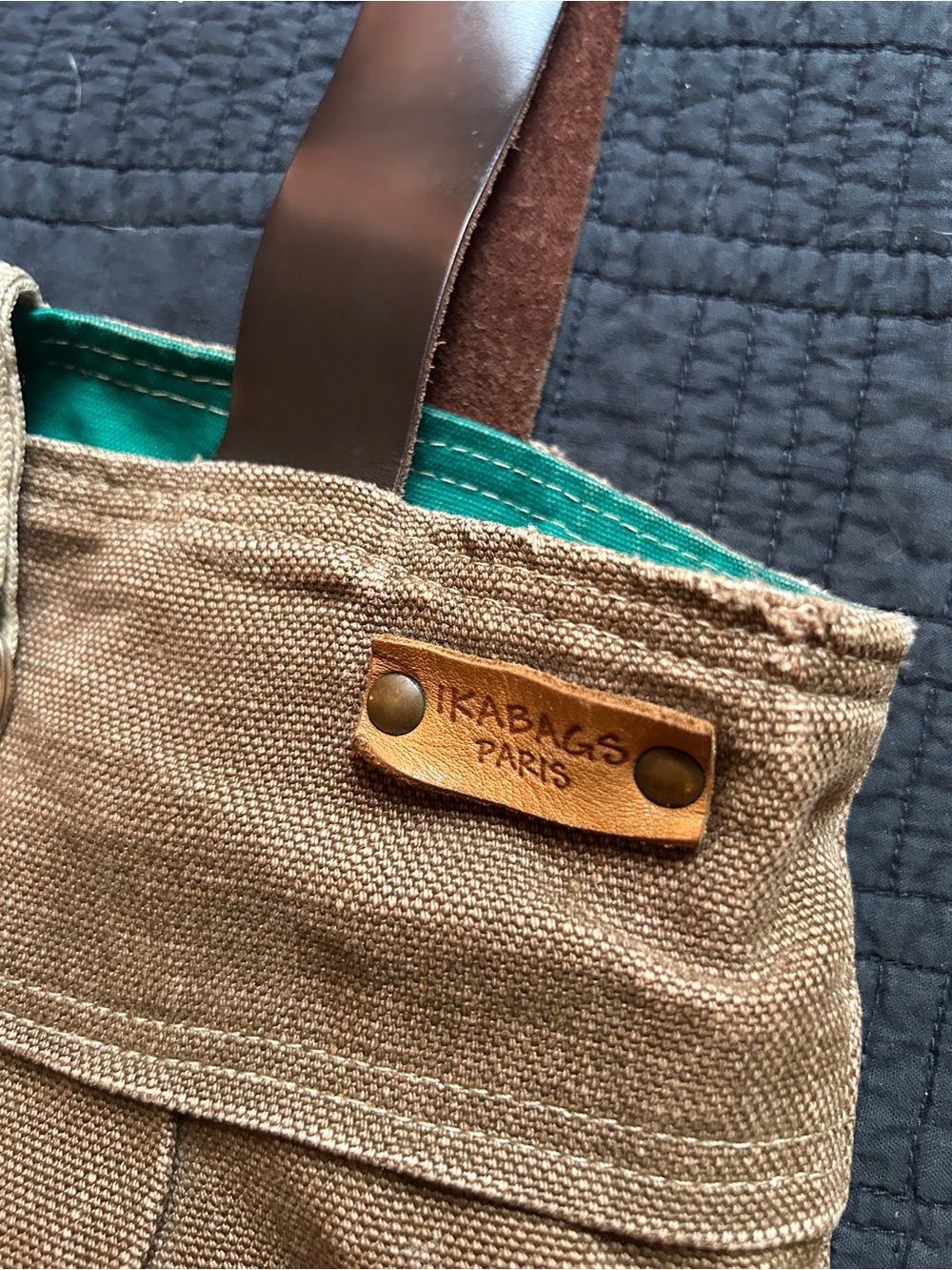 Sage Brown Waxed Canvas Tote with Turquoise Lining